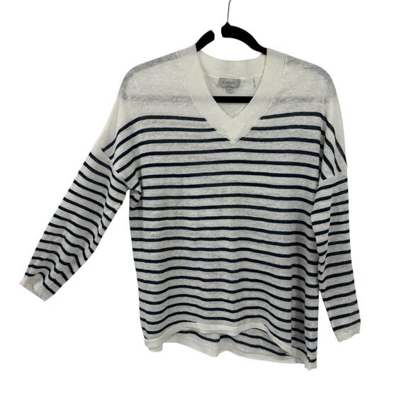 Kinross Sweaters - Kinross Linen V Neck Sweater Womens Small White Navy Nautical Striped Pullover